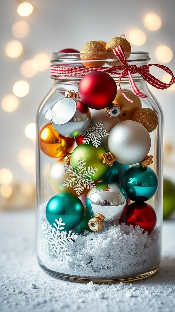 A decorative jar filled with assorted Christmas ornaments and ribbons, set against a backdrop of twinkling holiday lights.